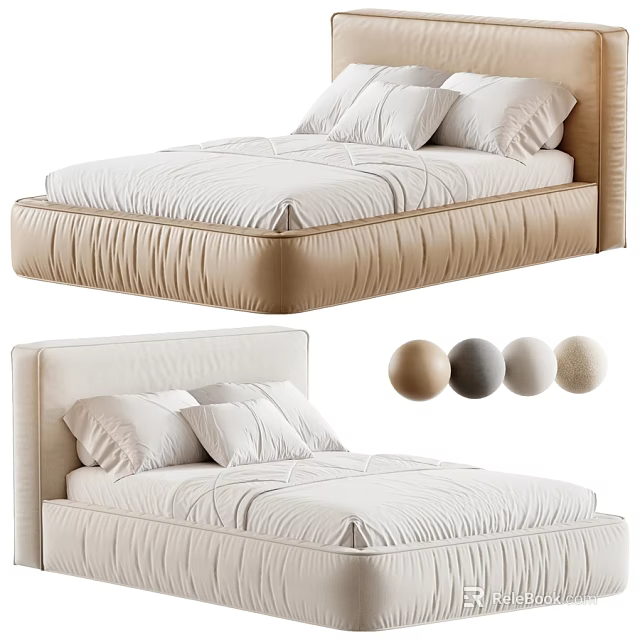 Modern Minimalist Double Bed With Pleated Headboard And Multiple Color Options 3d model 