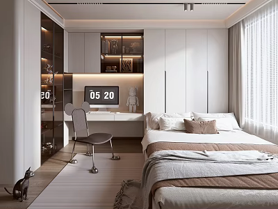 Modern Tatami Bedroom Interior With Bed Desk TV White Cabinets And Window Curtains 3d model