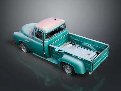 Vintage Turquoise Truck with Faded Pink Roof Open Bed and Rusty Classic Design 3d model