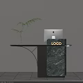 Modern Reception Desk With Mac Computer Green Plant Vase Marble Panel And Logo