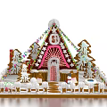 Cartoon Gingerbread House Scene With Green Roof Colorful Streamers And Decorative Trees