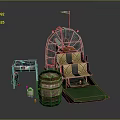 Model Scene With American Flag Yellow Black Boxes Wooden Barrel And Green Platform