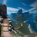 Cartoon Scenic Landscape With Mountains Winding River Stone Steps Green Meadows Blue Sky And Clouds