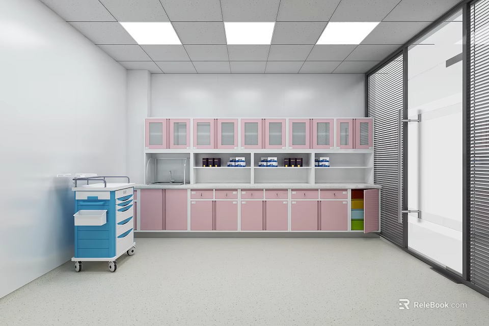 Medical Room Interior With Pink Cabinets Shelves Blue Cart And White Walls 3d model 