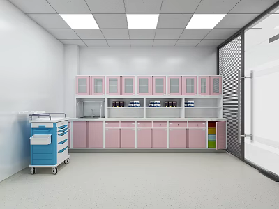 Medical Room Interior With Pink Cabinets Shelves Blue Cart And White Walls 3d model