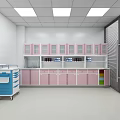 Medical Room Interior With Pink Cabinets Shelves Blue Cart And White Walls