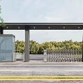Modern School Gate Exterior Wall With Black Structure Glass Door And Electric Gate Greenery