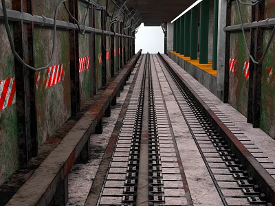 Train Railway Tracks In Industrial Tunnel With Green Pillars Rusty Metal And Red White Stripes 3d model