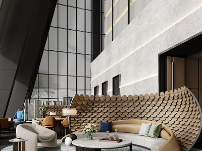 Modern Hotel Lobby with Large Glass Windows Curved Sofa Decorative Wall and Lounge Seating Area 3d model