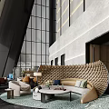 Modern Hotel Lobby with Large Glass Windows Curved Sofa Decorative Wall and Lounge Seating Area