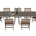 Modern Rectangular Dining Table Set With Six Woven Backrest Chairs And Green Plant 3d model
