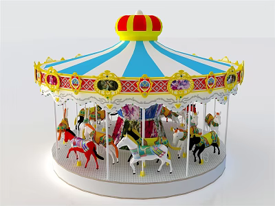 Carousel Amusement Equipment With Crown Top Blue And White Striped Canopy And Various Colored Horses 3d model