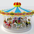 Carousel Amusement Equipment With Crown Top Blue And White Striped Canopy And Various Colored Horses