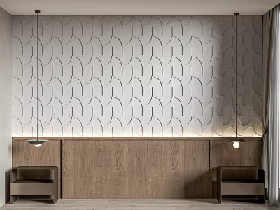 Modern Curved Pattern Background Wall With Wooden Cabinet And Pendant Lights Design 3d model