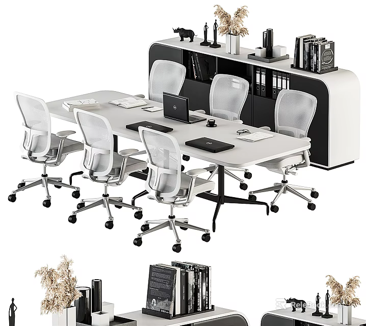 Modern Office Desk Setup With Ergonomic Mesh Chairs Laptop Files And Supplies 3d model 