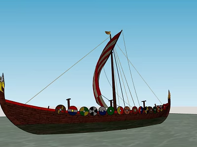 Viking Sailing Ship with Red Hull Red Sail and Colorful Shields on Blue Sky Water 3d model