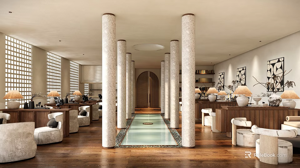 Elegant Restaurant Lobby With Columns Wooden Floor Central Water Feature Sofas And Tables 3d model 