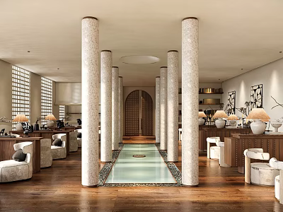 Elegant Restaurant Lobby With Columns Wooden Floor Central Water Feature Sofas And Tables 3d model