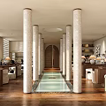 Elegant Restaurant Lobby With Columns Wooden Floor Central Water Feature Sofas And Tables