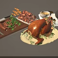 Delicious Roasted Turkey With Grilled Meat Skewers Steak And Sausages On Wooden Board