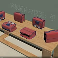 Red Luggage 3D Models Displayed on Wooden Shelf with Various Designs