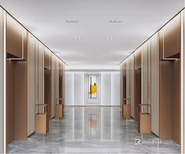 Modern Elevator Lobby With Brown Elevators Art Decor And Marble Floor 3d model