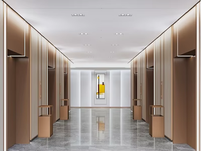 Modern Elevator Lobby With Brown Elevators Art Decor And Marble Floor 3d model