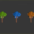 Colorful 3D Model Trees Arranged in Green Blue Orange on Gray Background With Reflections
