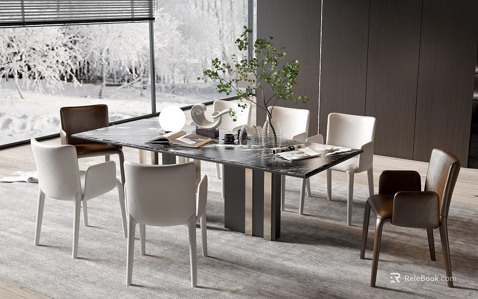 Modern Dining Table Set With Glass Top White Brown Chairs And Green Plant Decoration 3d model 