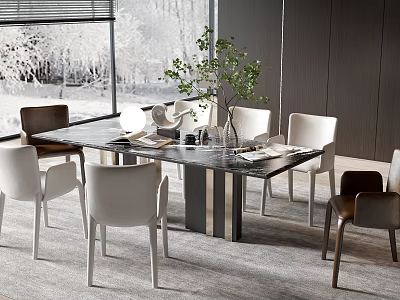 Modern Dining Table Set With Glass Top White Brown Chairs And Green Plant Decoration 3d model