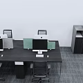 Modern Office Desks With Computer Monitors Ergonomic Chairs And Storage Cabinet