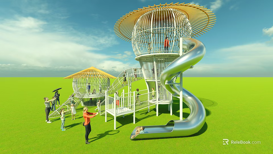 Outdoor Playground Equipment with Bamboo Dome Spiral Slide on Green Lawn for Kids Adults Playing 3d model 