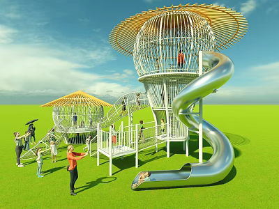 Outdoor Playground Equipment with Bamboo Dome Spiral Slide on Green Lawn for Kids Adults Playing 3d model