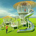 Outdoor Playground Equipment with Bamboo Dome Spiral Slide on Green Lawn for Kids Adults Playing