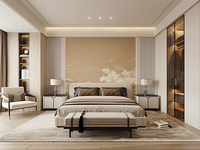 Elegant Modern Bedroom Interior With Bed Nightstands Accent Chair Area Rug And Wardrobe 3d model