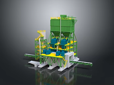 Industrial Concrete Batching Plant With Green Silos Yellow Framework And Conveyor Belts 3d model