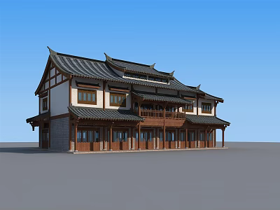 Traditional Chinese Two Story Architecture Featuring Wooden Structure Tile Roof And Overhanging Eaves 3d model
