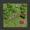 Cartoon Scene with Wooden Cabin Green Pine Trees Red Car Stones Fence and Flowers