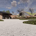 Modern Garden Landscape Design With Wooden Steps Walkway Lawn Trees And Gravel