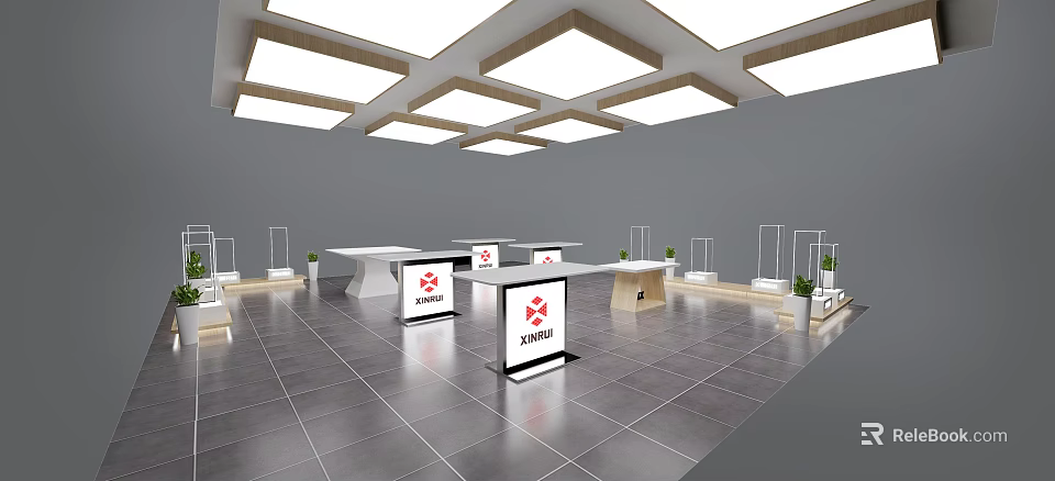 Modern Exhibition Hall With XINUI Logo Display Counters Racks And Ceiling Lights 3d model