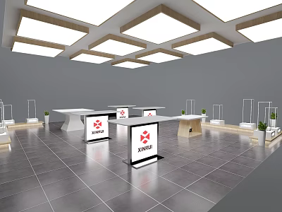 Modern Exhibition Hall With XINUI Logo Display Counters Racks And Ceiling Lights 3d model