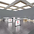 Modern Exhibition Hall With XINUI Logo Display Counters Racks And Ceiling Lights 3d model