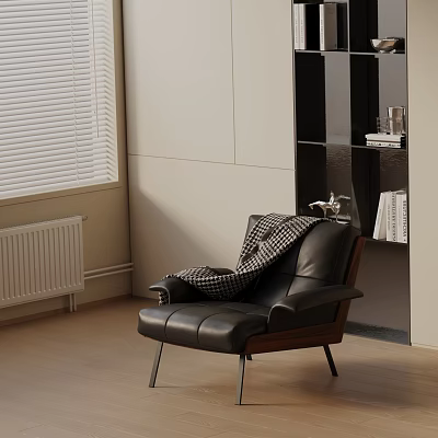 Modern Black Leather Leisure Chair with Plaid Blanket Near Bookshelf and Window Blinds 3d model