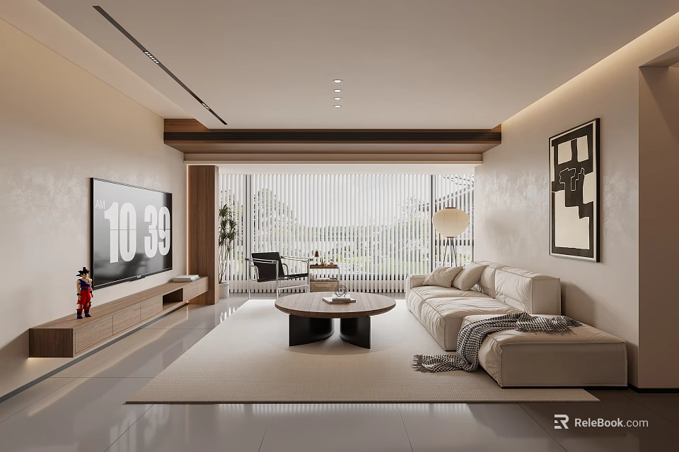 Modern Living and Dining Room With Sofa Coffee Table TV Plants And Floor-to-Ceiling Windows 3d model 