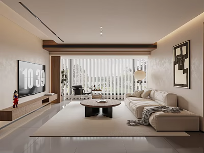 Modern Living and Dining Room With Sofa Coffee Table TV Plants And Floor-to-Ceiling Windows 3d model