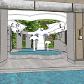 Indoor Swimming Pool Interior With Wooden Ceiling And Clear Blue Water