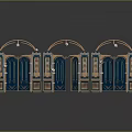 Elegant Arched Blue Gates With Golden Decorations Metallic Texture Lights And Reflections
