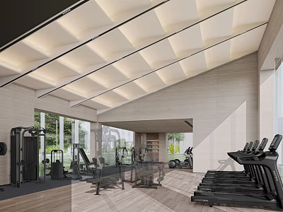 Modern Fitness Gym Interior With Treadmills Strength Equipment Spacious Layout And Ceiling Lighting 3d model