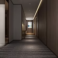 Modern Hotel Corridor With Textured Carpet Light Colored Walls Wooden Doors And Warm Lighting