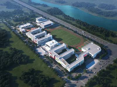 Aerial View of Modern School Building Complex with Sports Field Green Lawn and River 3d model